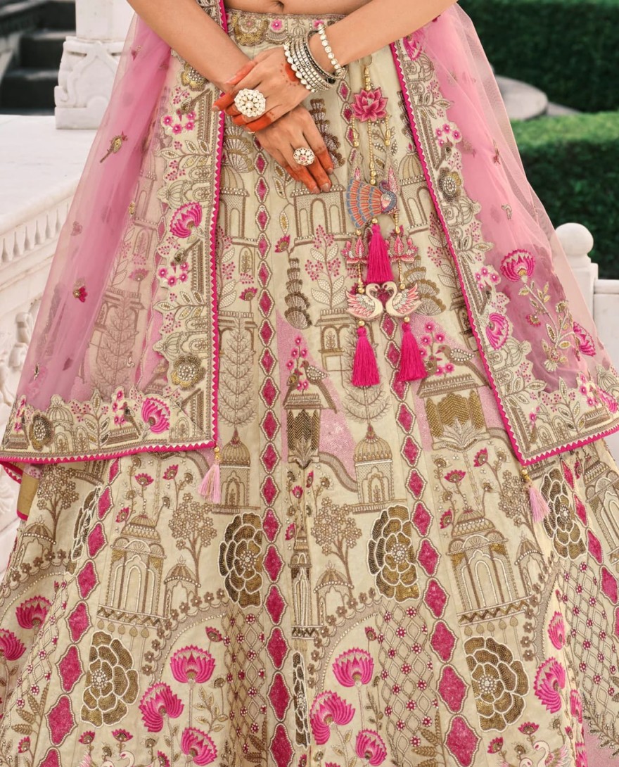 OFFWHITE - Off-White Fancy Silk Lehenga Choli With Cut Work Embroidery Border & Stone Work